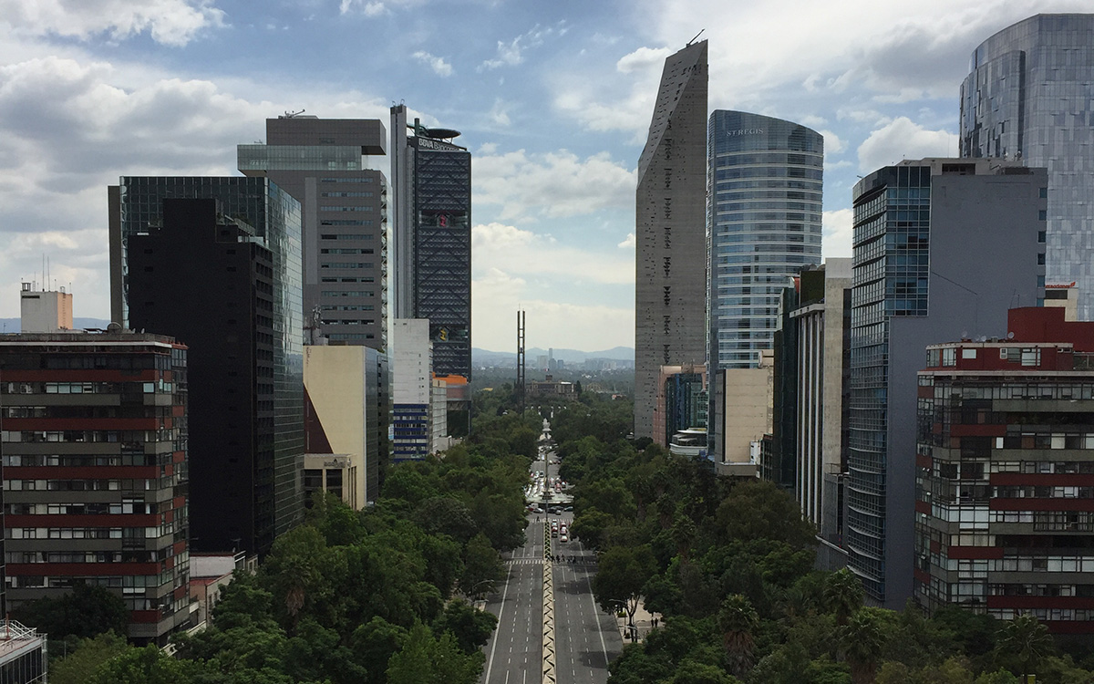 A tree-lined boulevard running through a city skyline of skyscrapers
