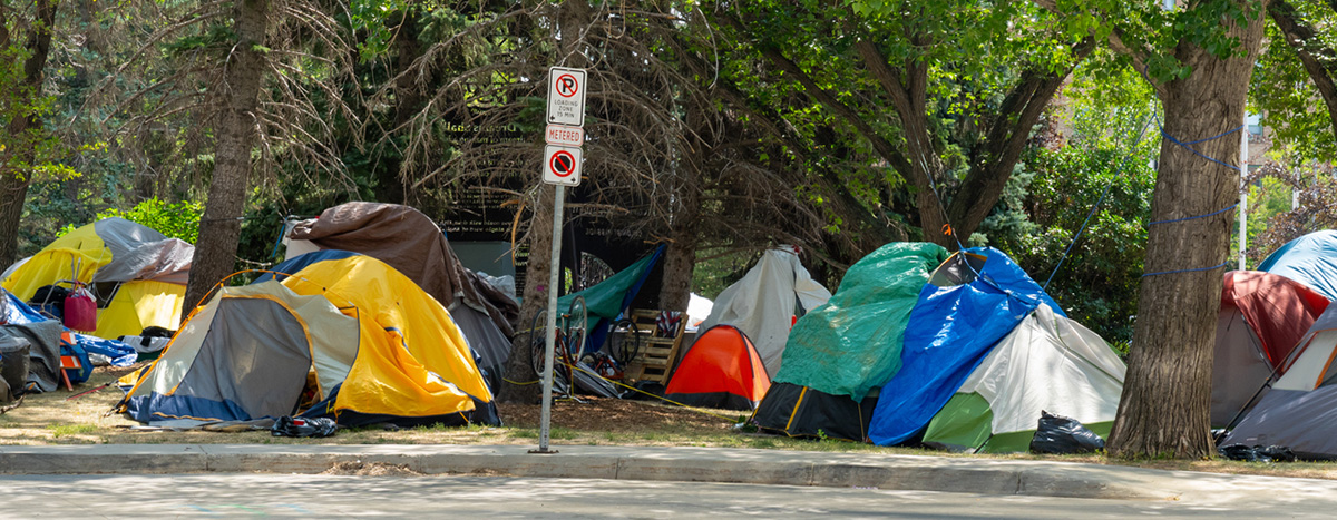 A row of tents in a homeless encampment along a city sidewalk