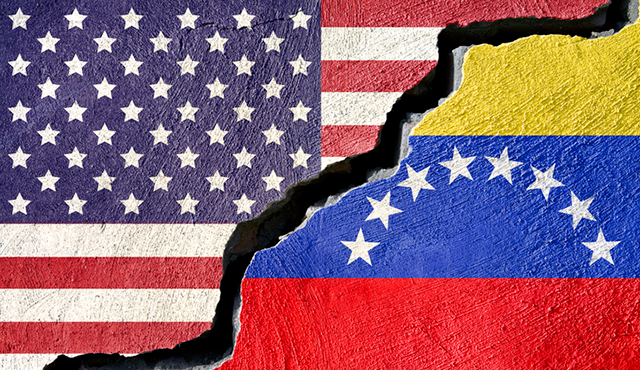 The U.S. and Venezuelan flags cracked apart, showing division