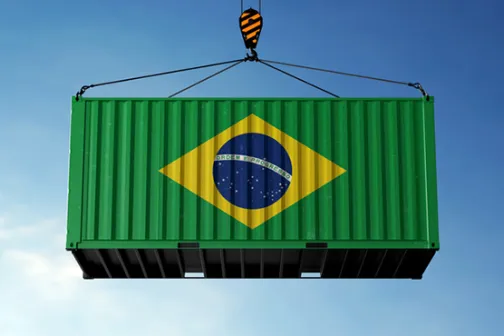 A shipping container painted with the Brazilian flag, lifted by a crane