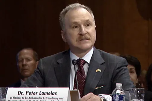Dr. Peter Lamelas testifying at his Senate confirmation hearing