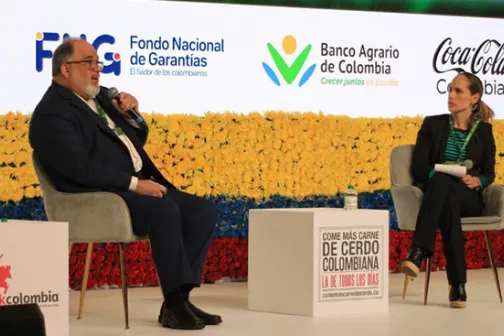 Juan Cruz on a conference panel in Colombia