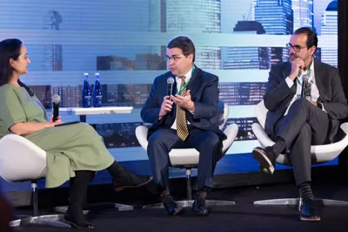 Panel discussion on stage at the Brazil-U.S. summit in New York